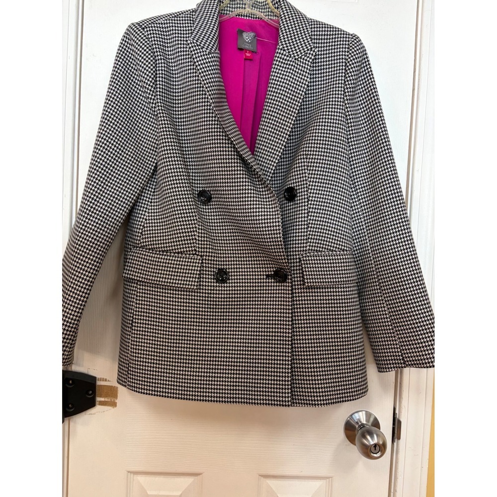 Vince Camuto Womens Houndstooth Double Breasted Blazer Black White Pink Size 2